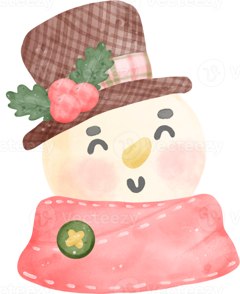 Snowman Christmas head in winter scarf and hat vintage watercolour cartoon illustration png