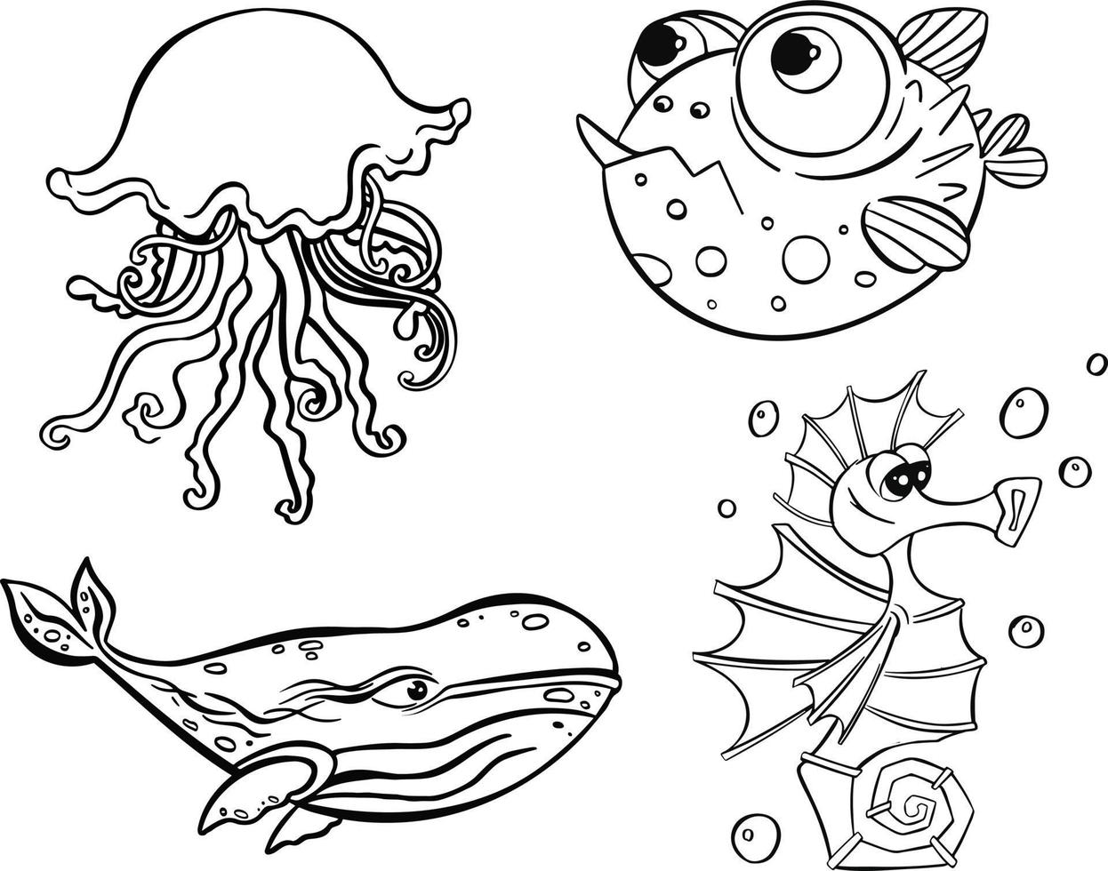 conjunto de línea de peces marinos símbolo vector dibujado a mano
