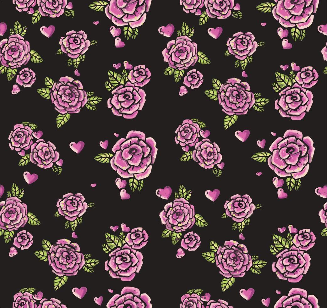 Pink roses pattern. Black background. and illustration card vector