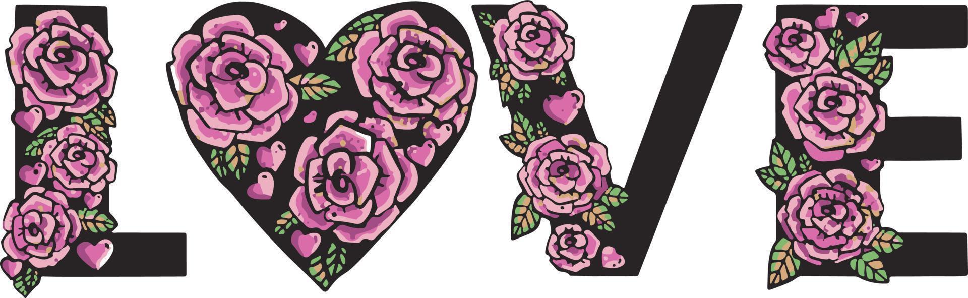 Pink roses LOVE lettering pattern. Black background and illustration vector