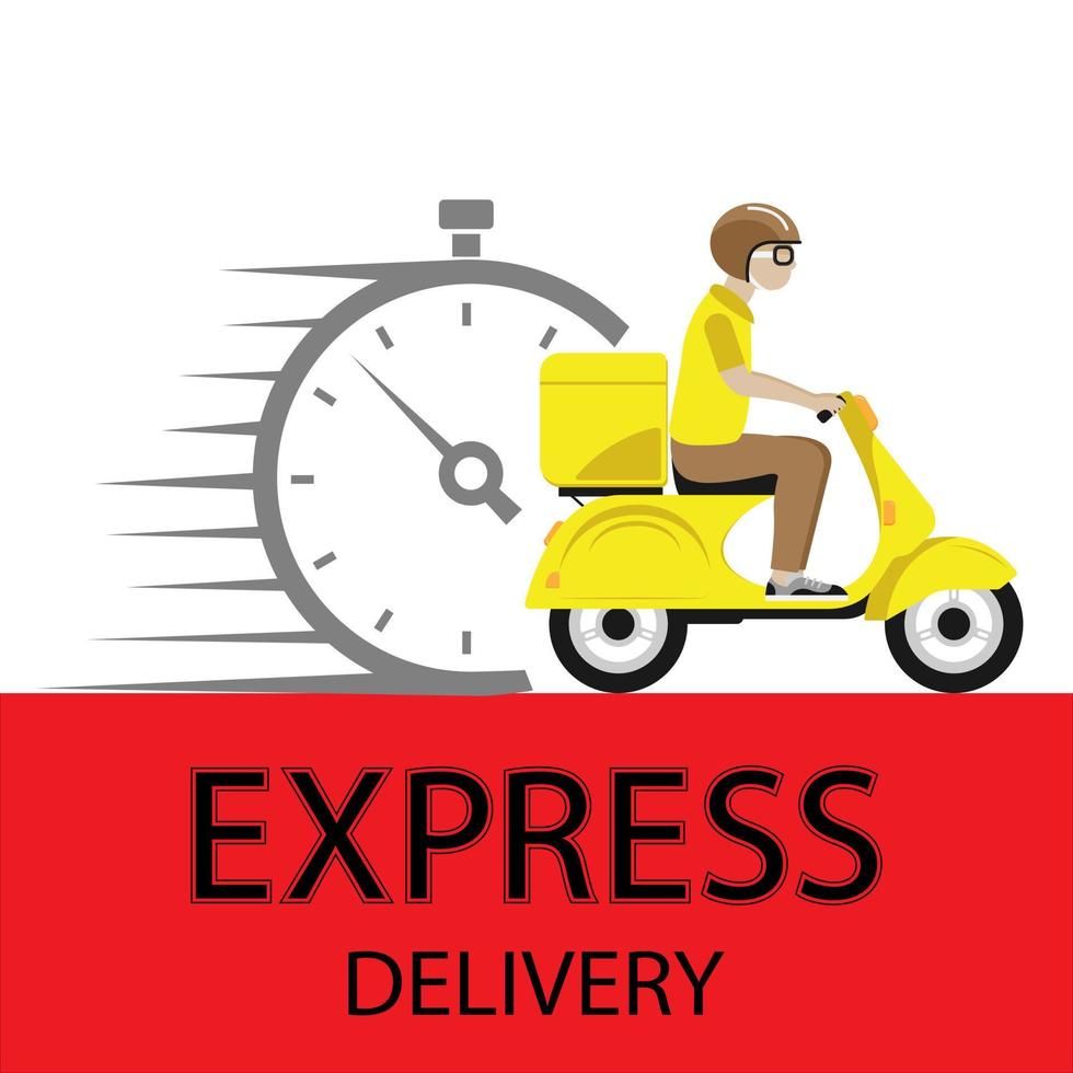 Fast delivery by scooter to mobile. Against the background of the clock. E-commerce concept. Infographics online food ordering. Website, application design. Vector