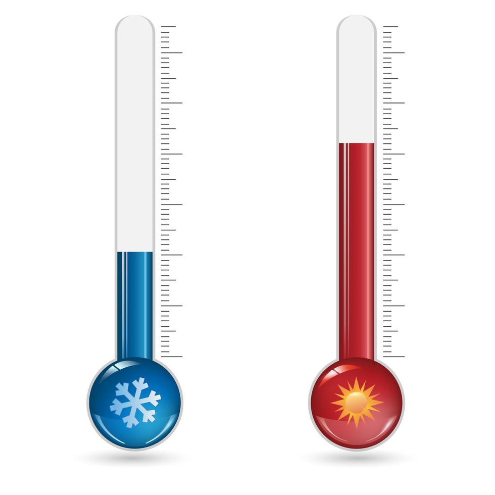 Termómetros meteorológicos de celsius y fahrenheit que miden calor y frío, ilustración vectorial. equipo termométrico que muestra clima frío o caliente vector