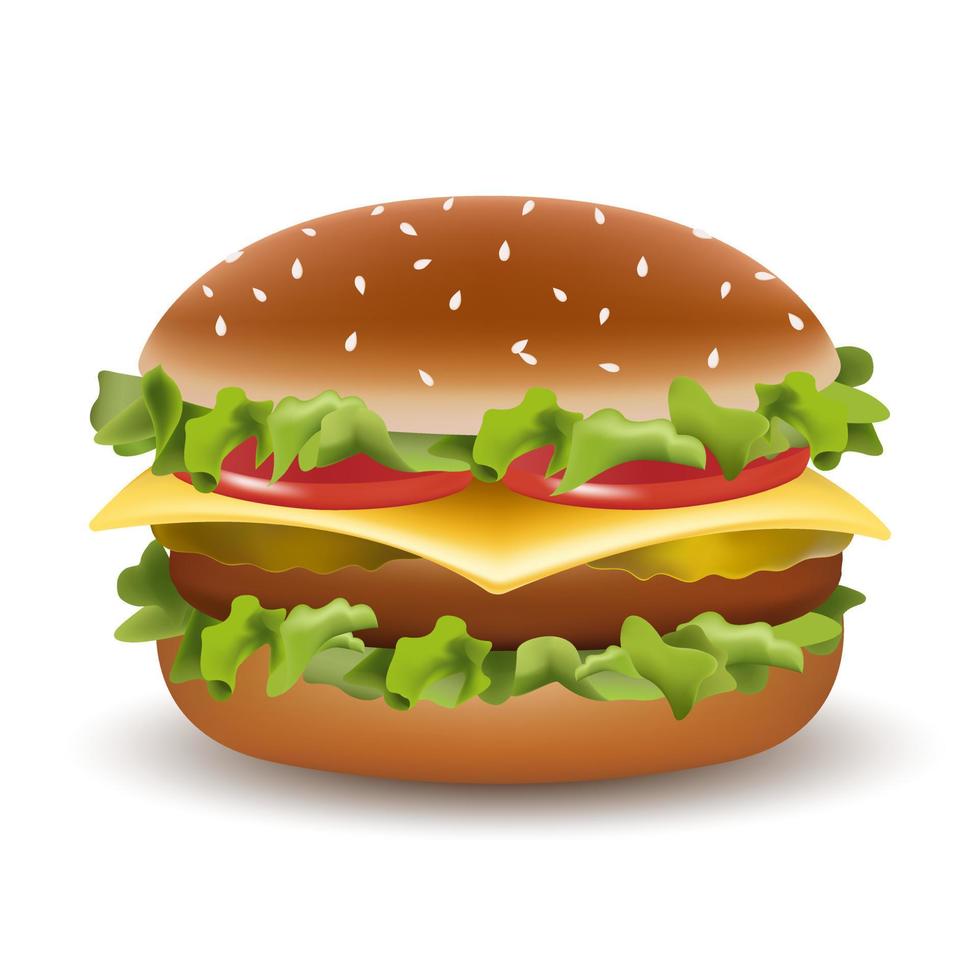 Hamburguesa americana clásica vectorial realista con una ensalada con tomates, queso, sobre fondo blanco. comida rápida vector
