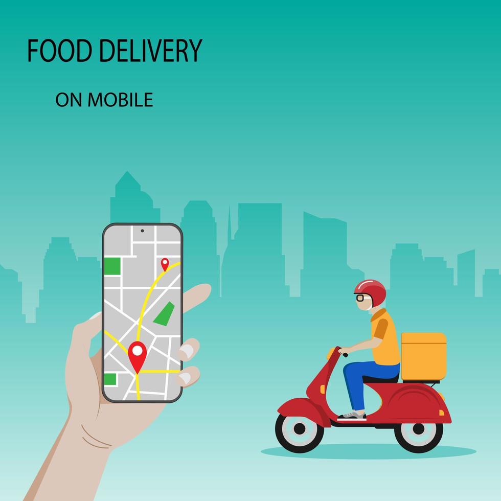 Fast delivery by scooter to mobile. With the city in the background. E-commerce concept. Infographics online food ordering. Website, application design. Vector