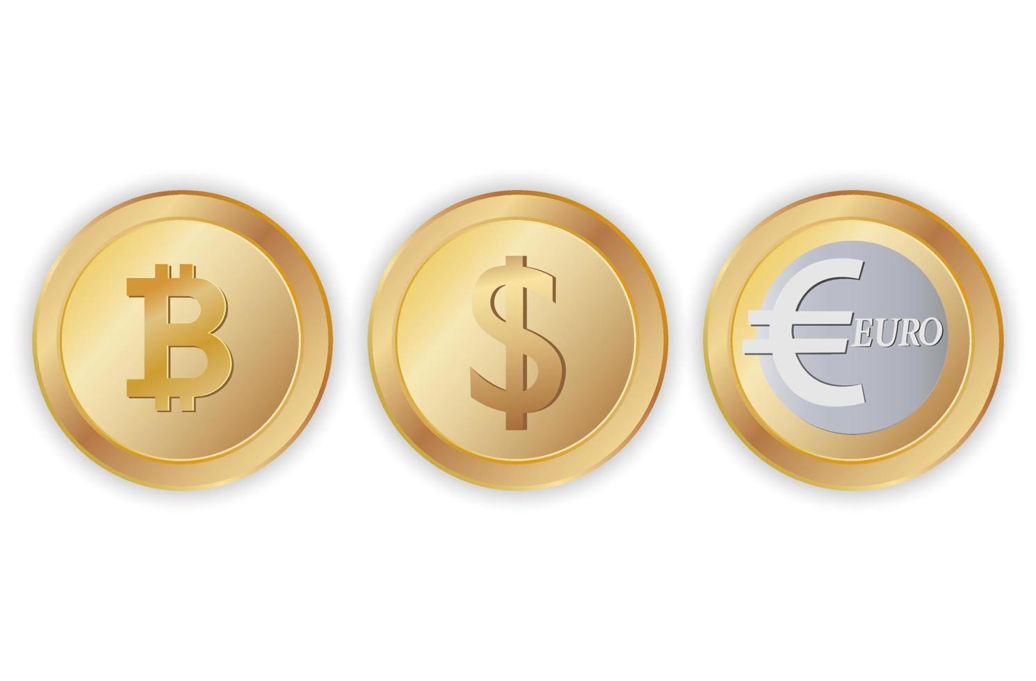 conjunto de monedas de oro dólar, euro, bitcoin sobre un fondo blanco para los negocios. ilustración vectorial vector