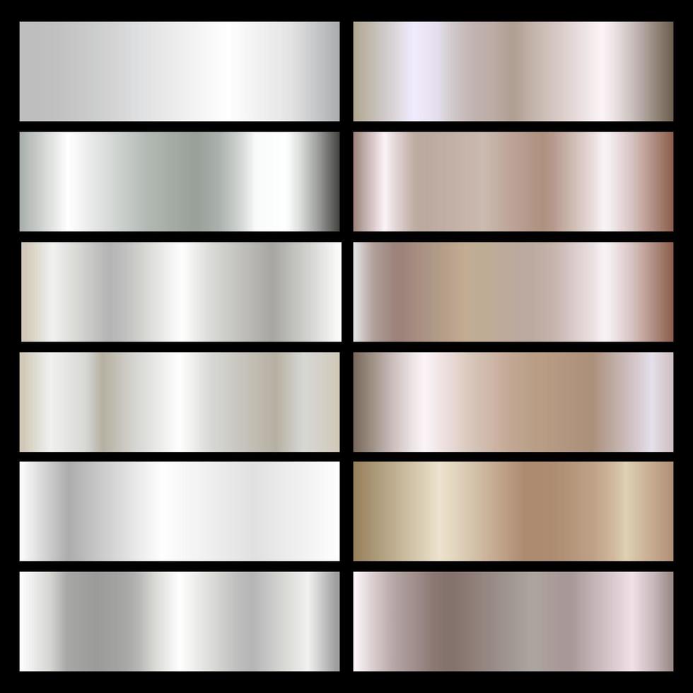 Set of holographic silver and bronze foil textures. Vector graphics of shining rainbow patterns. Collection of holograms with metallic gradients