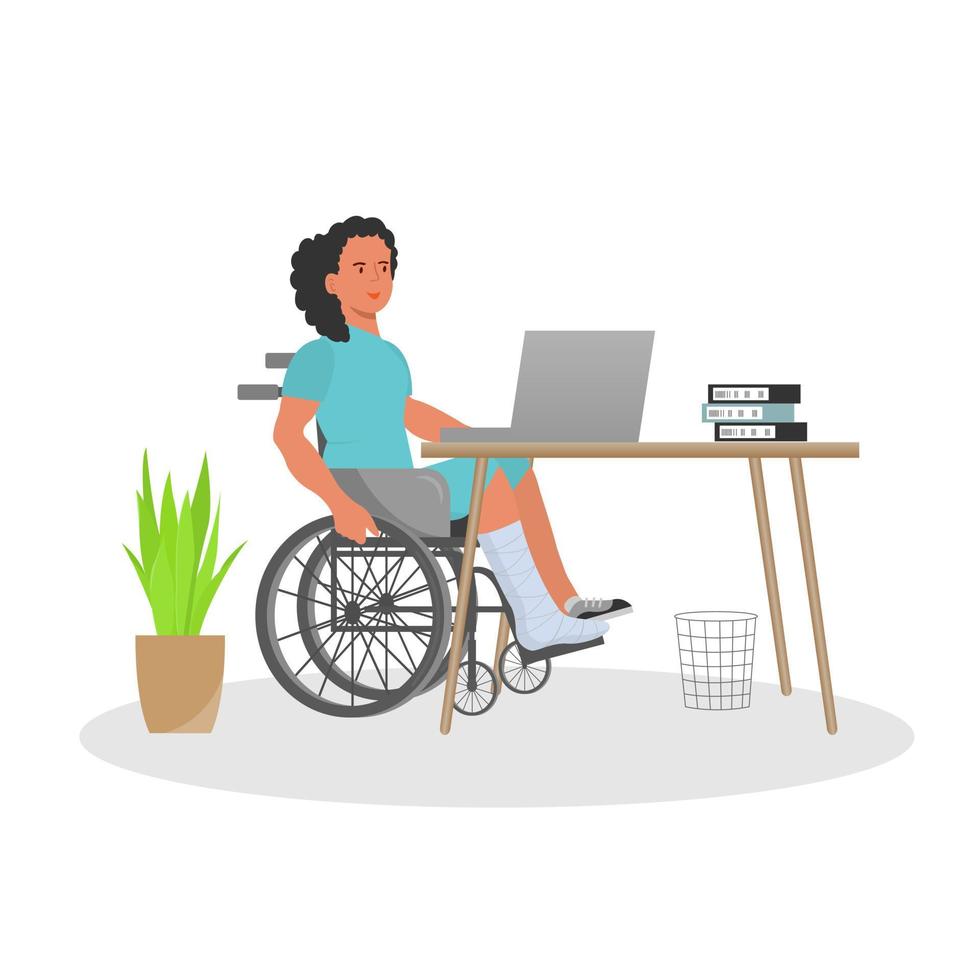 a girl with a broken leg sits in a wheelchair and works on a laptop vector