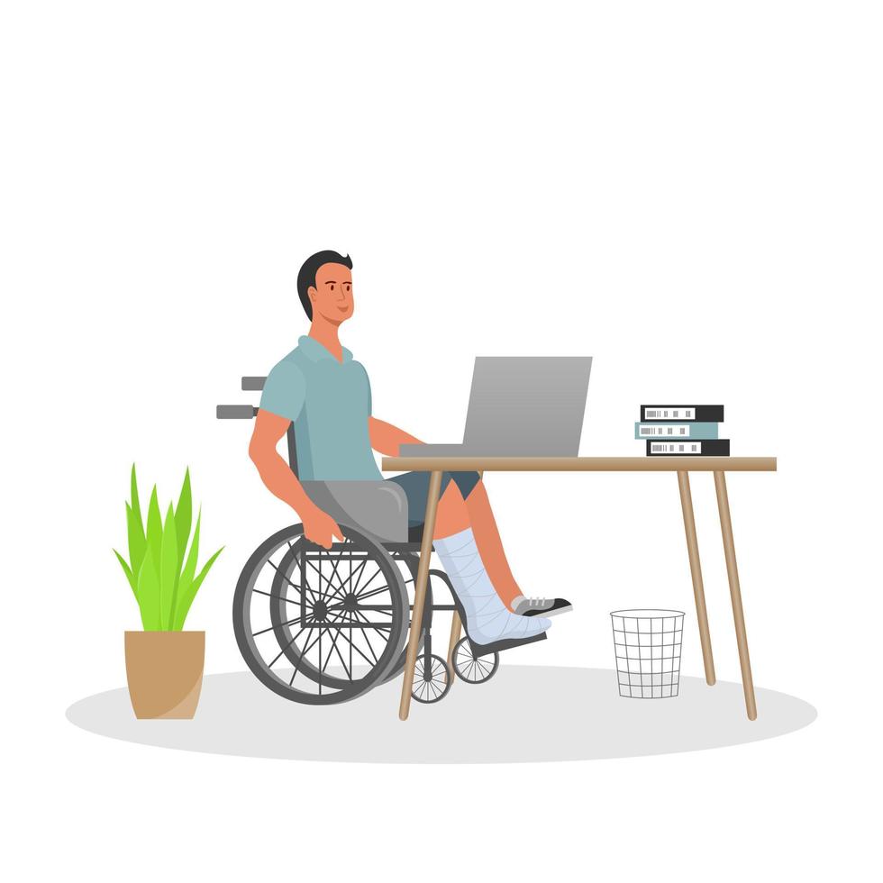 a man with a broken leg sitting in a wheelchair working on a laptop vector