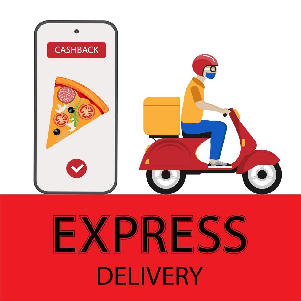 Online delivery service, online order tracking, home, and office delivery. Scooter delivery. transportation. A man on a bicycle wearing a mask. vector illustration