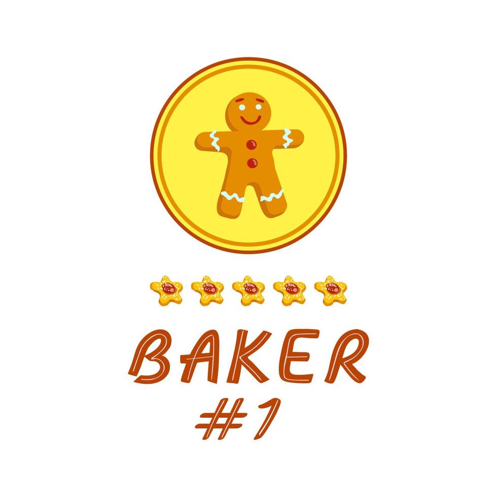 Gingerbread Man Medal or Badge, Five Cookie Stars, Baker Number One Lettering. Humorous Reward vector