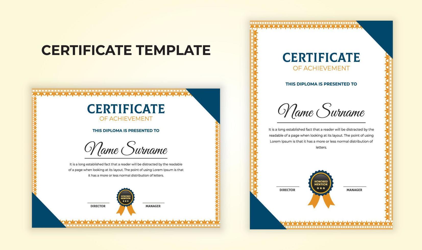 Elegant certificate template with golden frames.Diploma and education document set. vector