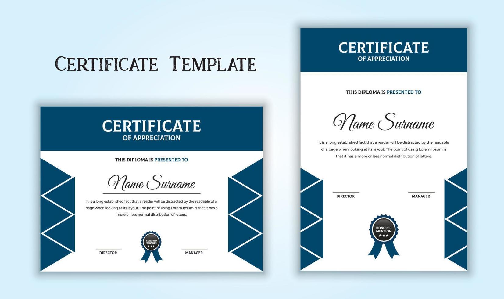 Blue certificate of appreciation template set. Diploma and education document. vector