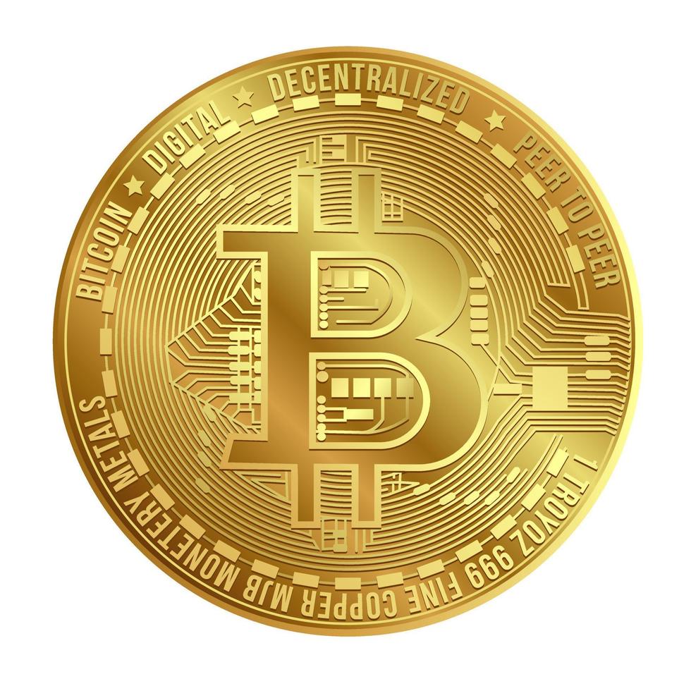 Gold virtual bitcoin coin isolated on white background. Popular cryptocurrency. Bitcoin digital money concept. vector
