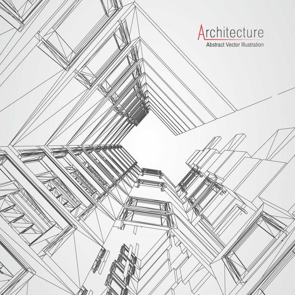 fondo de línea de arquitectura. Resumen de vector de boceto de construcción de edificios. Proyecto 3d de ciudad moderna. cuadrícula geométrica de tecnología. casa de planos de alambre. Estructura alámbrica de innovación de arquitecto digital.