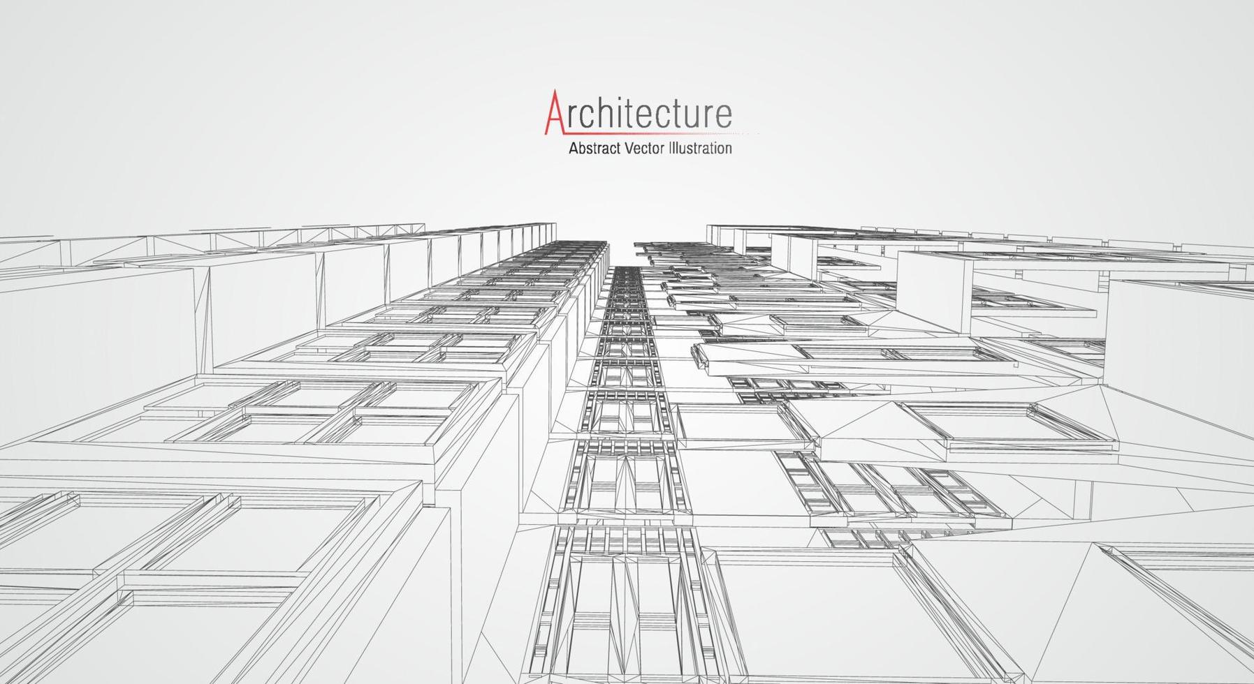 Estructura alámbrica de la arquitectura moderna. concepto de estructura metálica urbana. Ilustración de construcción de estructura alámbrica de dibujo CAD de arquitectura. vector