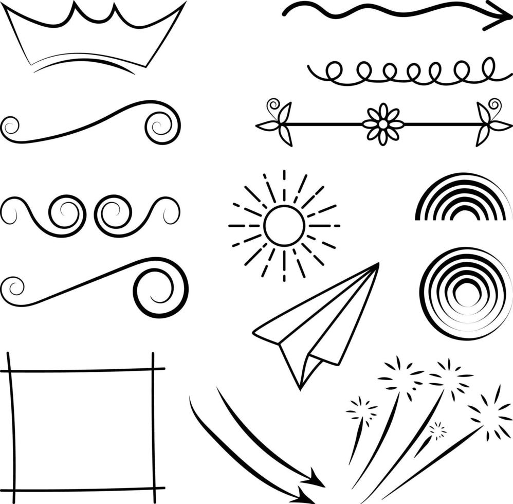 garabato abstracto dibujado a mano de corona, espiral, rizo, floral, flecha, arco iris, marco, explosión, celebración, flor, avión y sol vector