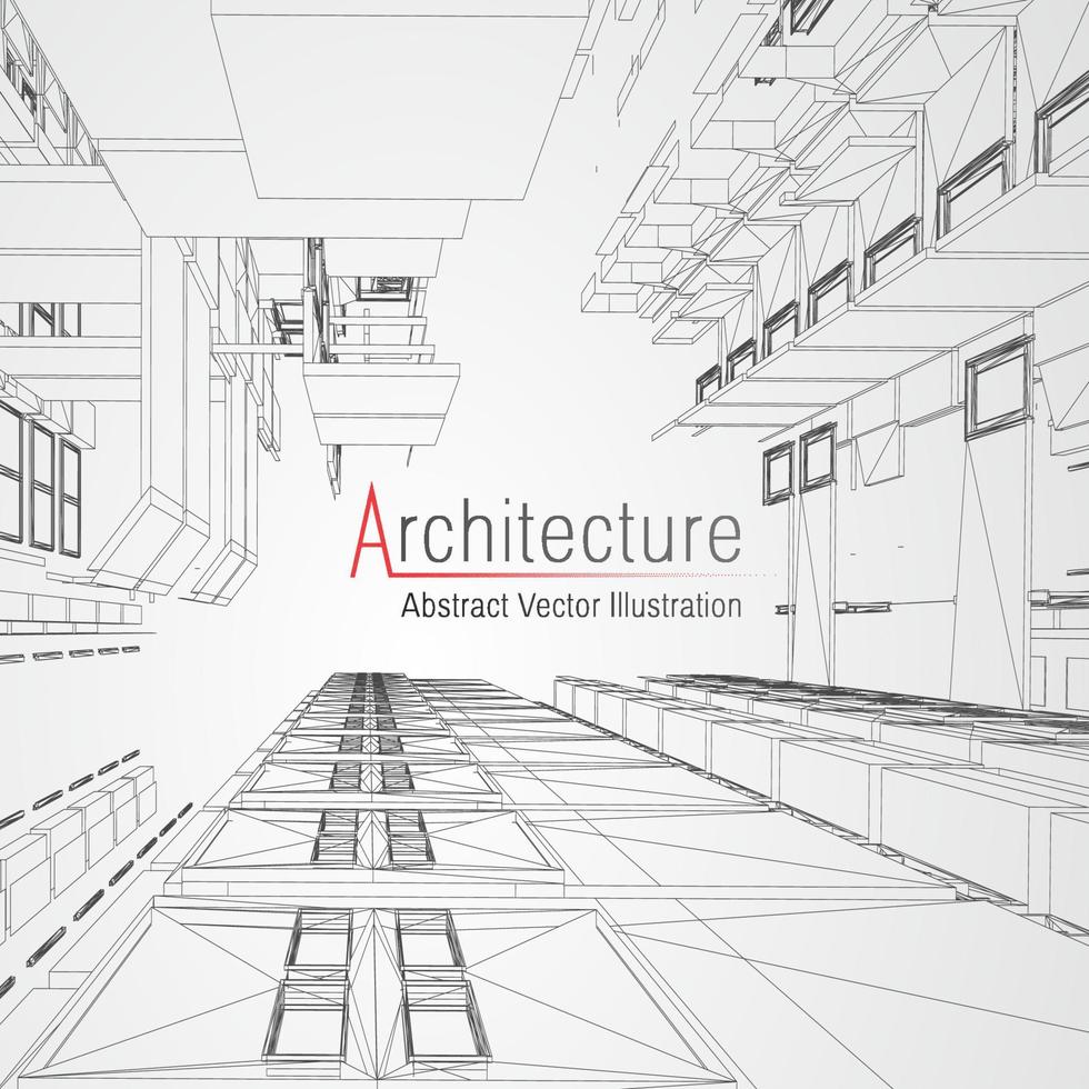 fondo de línea de arquitectura. Resumen de vector de boceto de construcción de edificios. Proyecto 3d de ciudad moderna. cuadrícula geométrica de tecnología. casa de planos de alambre. Estructura alámbrica de innovación de arquitecto digital.