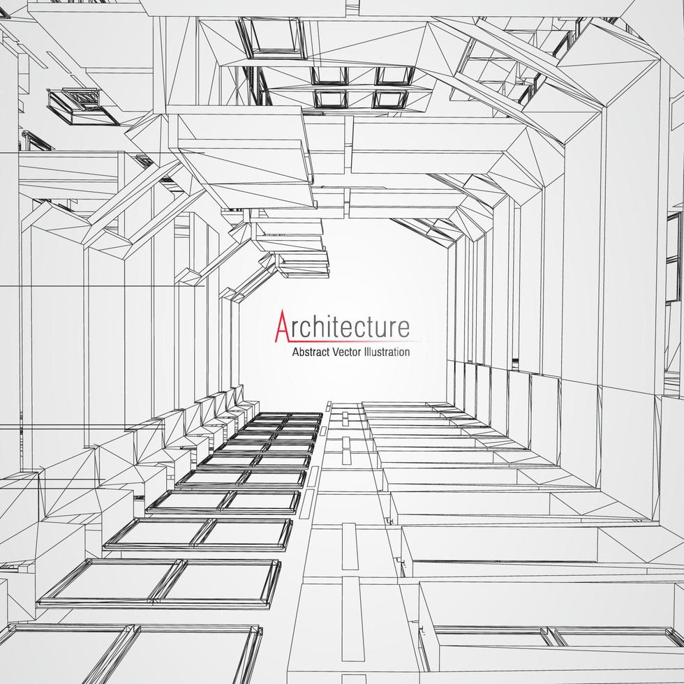 fondo de línea de arquitectura. Resumen de vector de boceto de construcción de edificios. Proyecto 3d de ciudad moderna. cuadrícula geométrica de tecnología. casa de planos de alambre. Estructura alámbrica de innovación de arquitecto digital.