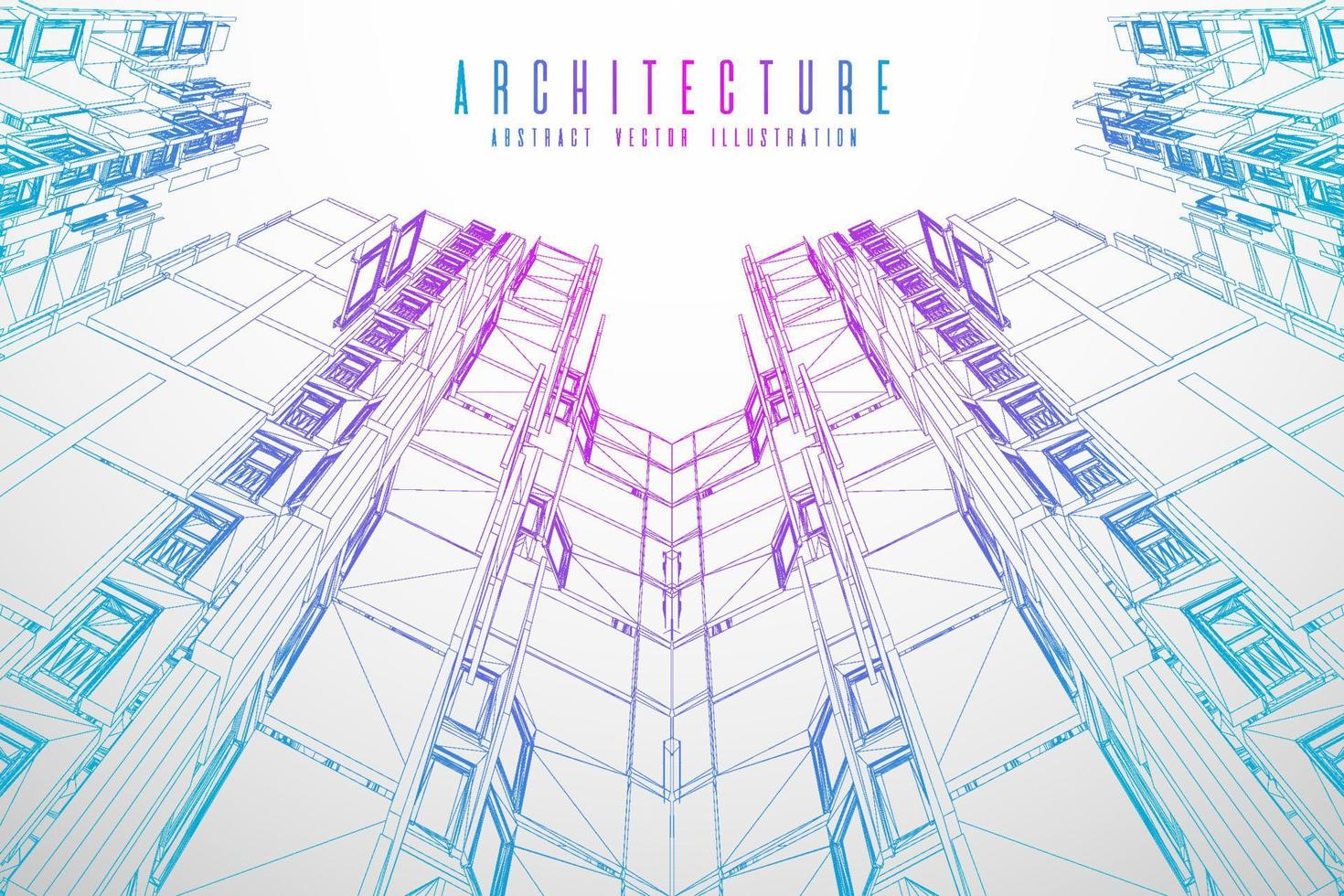 Estructura alámbrica de la arquitectura moderna. concepto de estructura metálica urbana. Ilustración de construcción de estructura alámbrica de dibujo CAD de arquitectura. vector