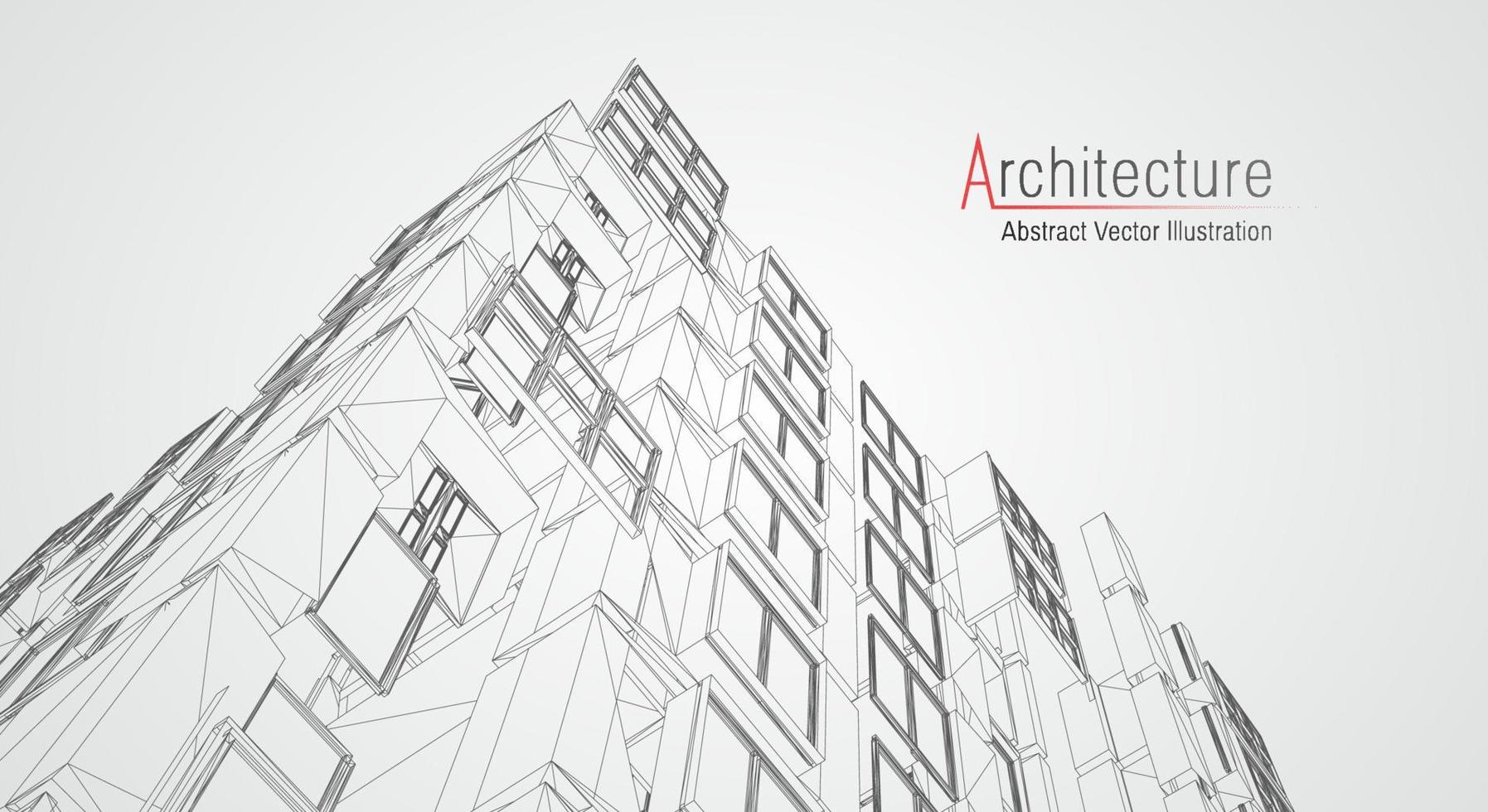 fondo de línea de arquitectura. Resumen de vector de boceto de construcción de edificios. Proyecto 3d de ciudad moderna. cuadrícula geométrica de tecnología. casa de planos de alambre. Estructura alámbrica de innovación de arquitecto digital.