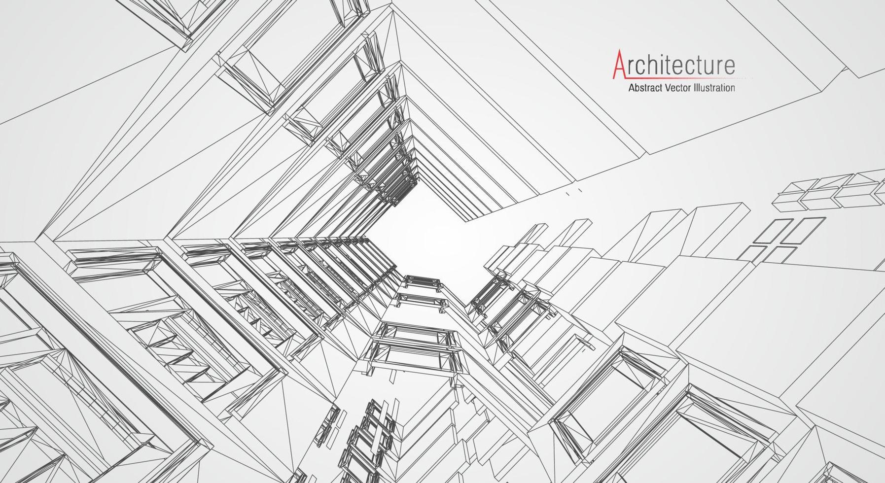 fondo de línea de arquitectura. Resumen de vector de boceto de construcción de edificios. Proyecto 3d de ciudad moderna. cuadrícula geométrica de tecnología. casa de planos de alambre. Estructura alámbrica de innovación de arquitecto digital.