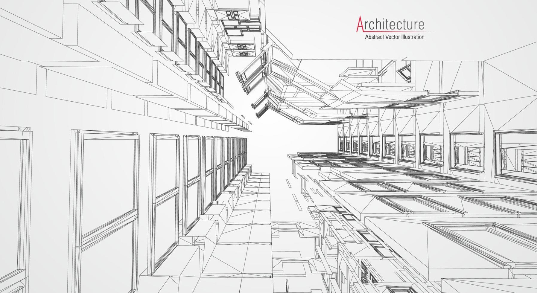 fondo de línea de arquitectura. Resumen de vector de boceto de construcción de edificios. Proyecto 3d de ciudad moderna. cuadrícula geométrica de tecnología. casa de planos de alambre. Estructura alámbrica de innovación de arquitecto digital.