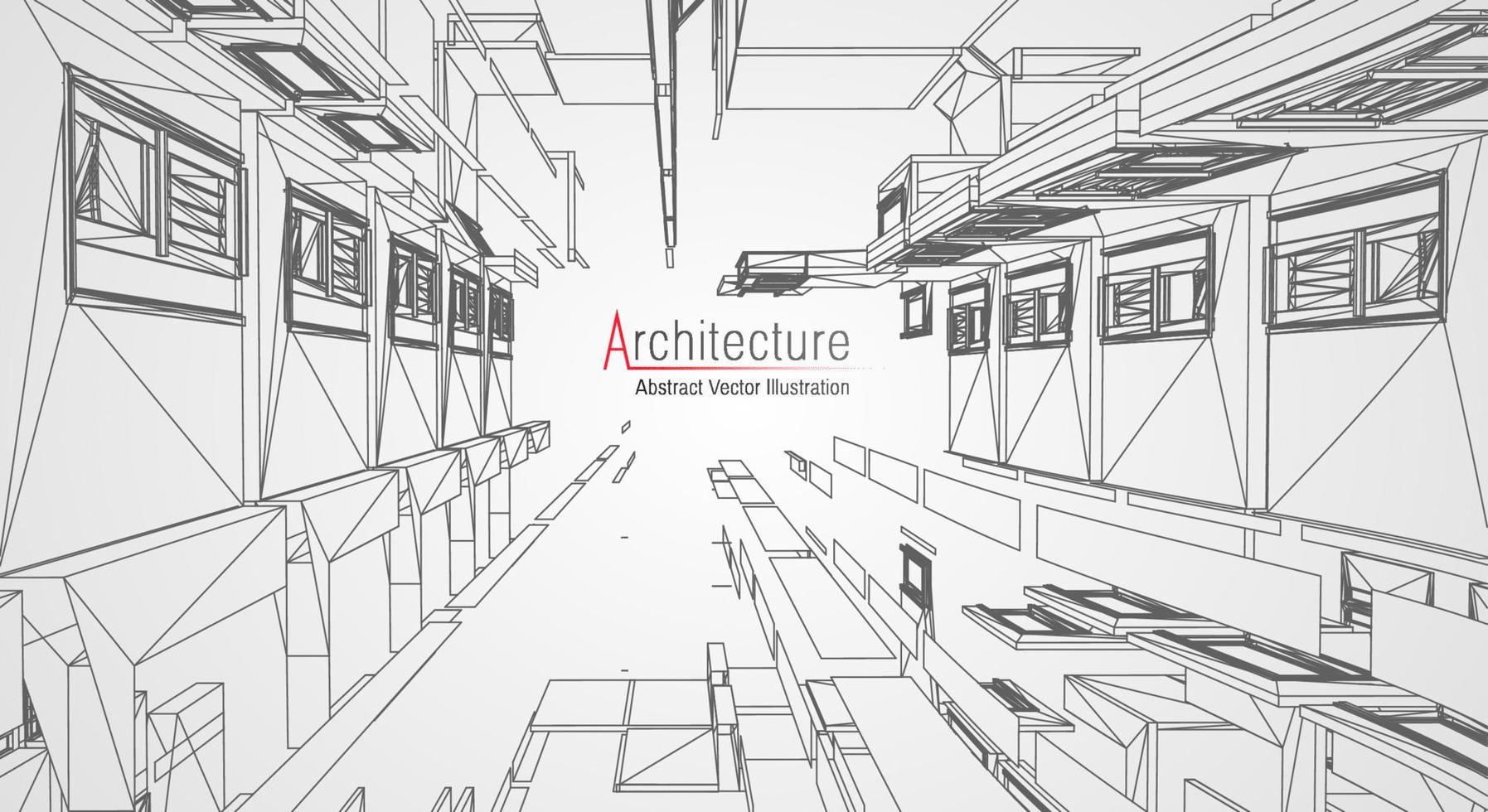 fondo de línea de arquitectura. Resumen de vector de boceto de construcción de edificios. Proyecto 3d de ciudad moderna. cuadrícula geométrica de tecnología. casa de planos de alambre. Estructura alámbrica de innovación de arquitecto digital.