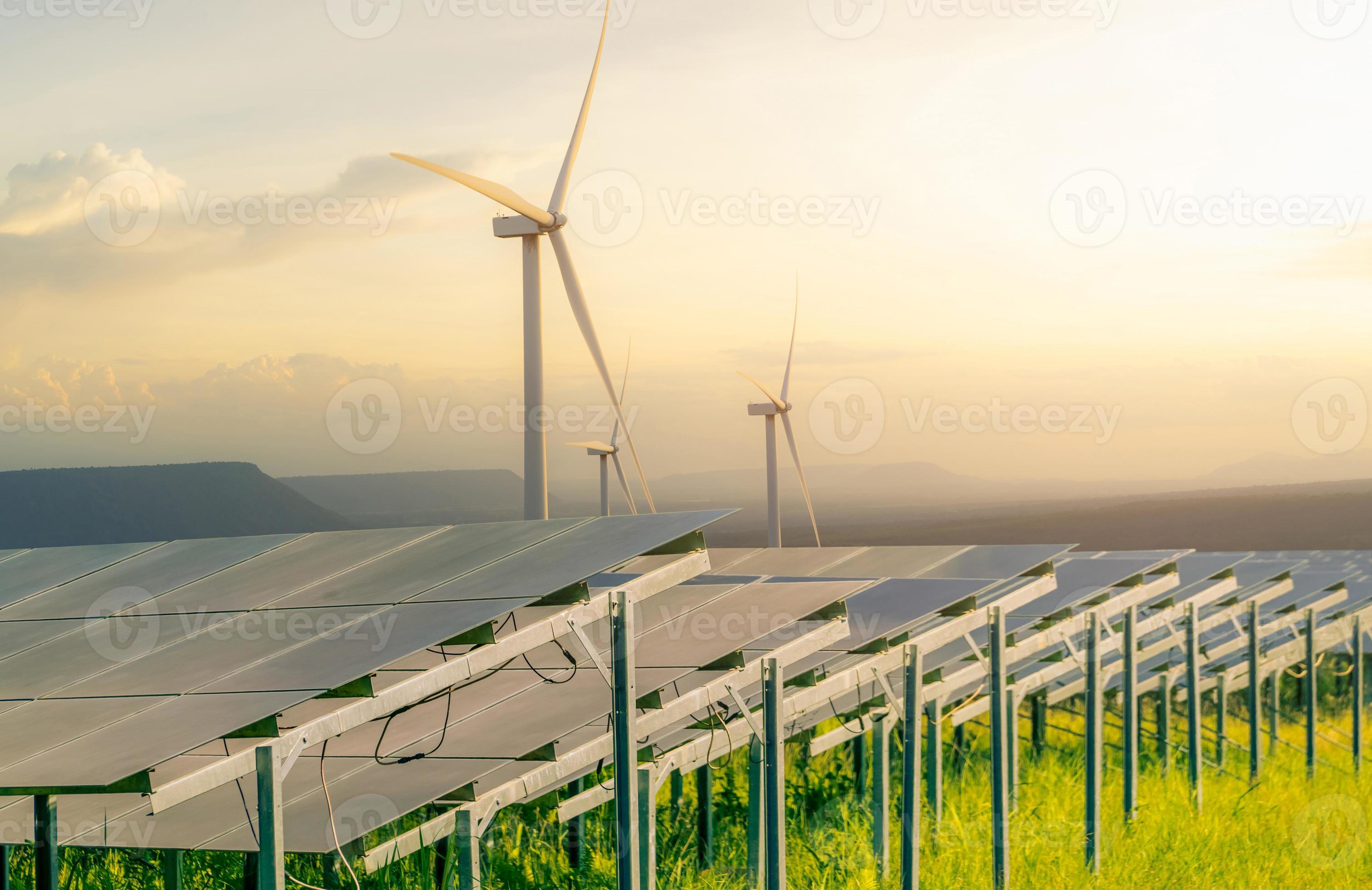 Sustainable energy. Solar and wind turbines farm. Sustainable resources