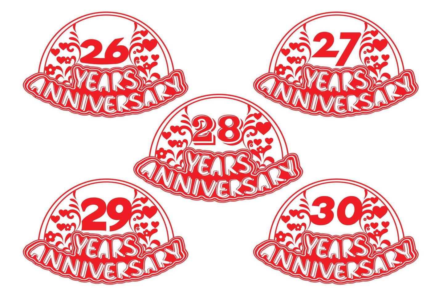 26 to 30 years anniversary logo and sticker design vector