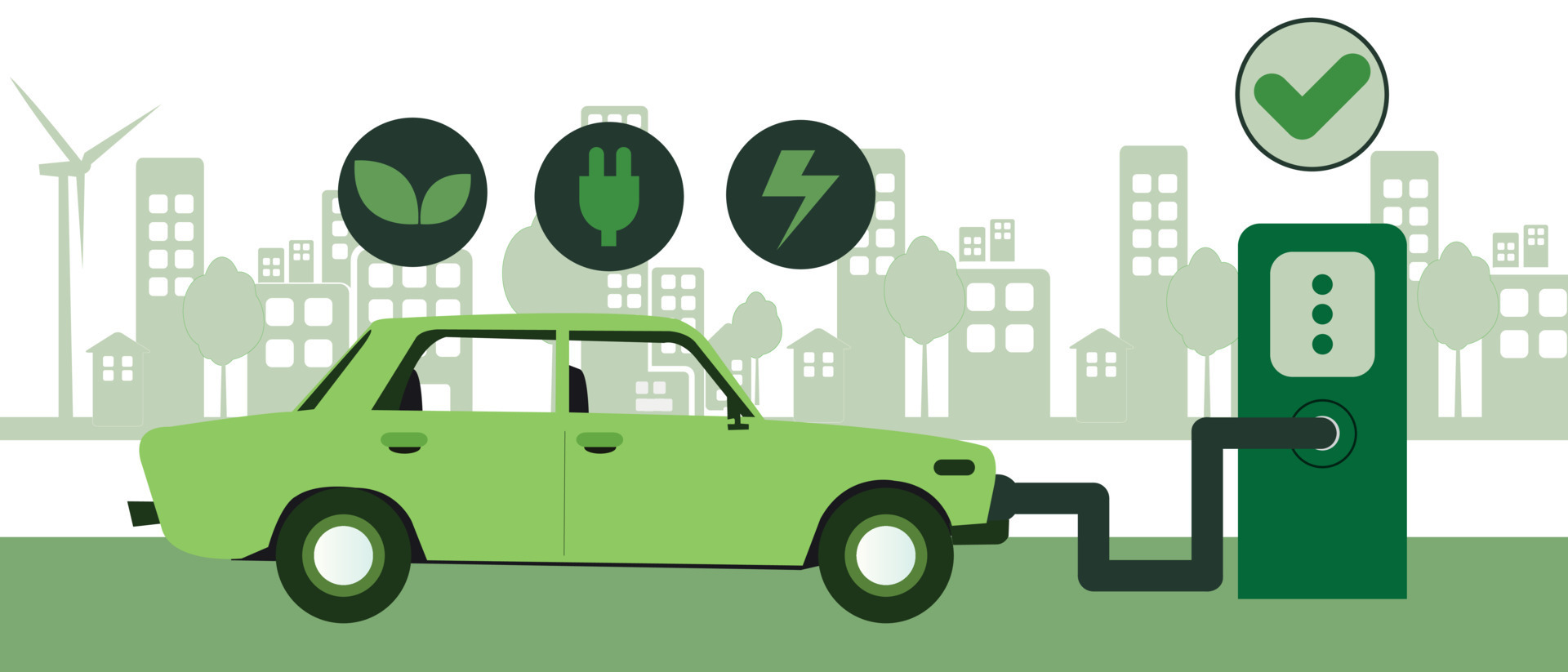 Private electric car near charging station in modern city. Sustainable lifestyle, electric