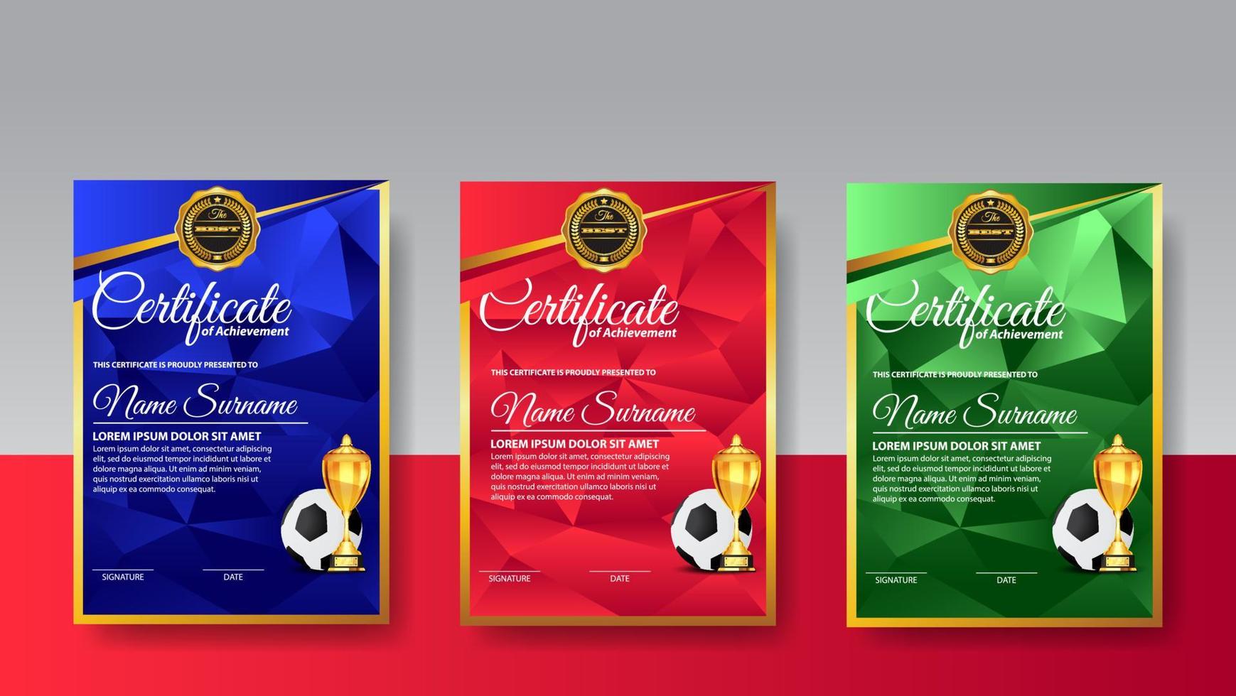 Soccer Game Certificate Diploma With Golden Cup Set Vector. Football. Sport Award Template. Achievement Design vector