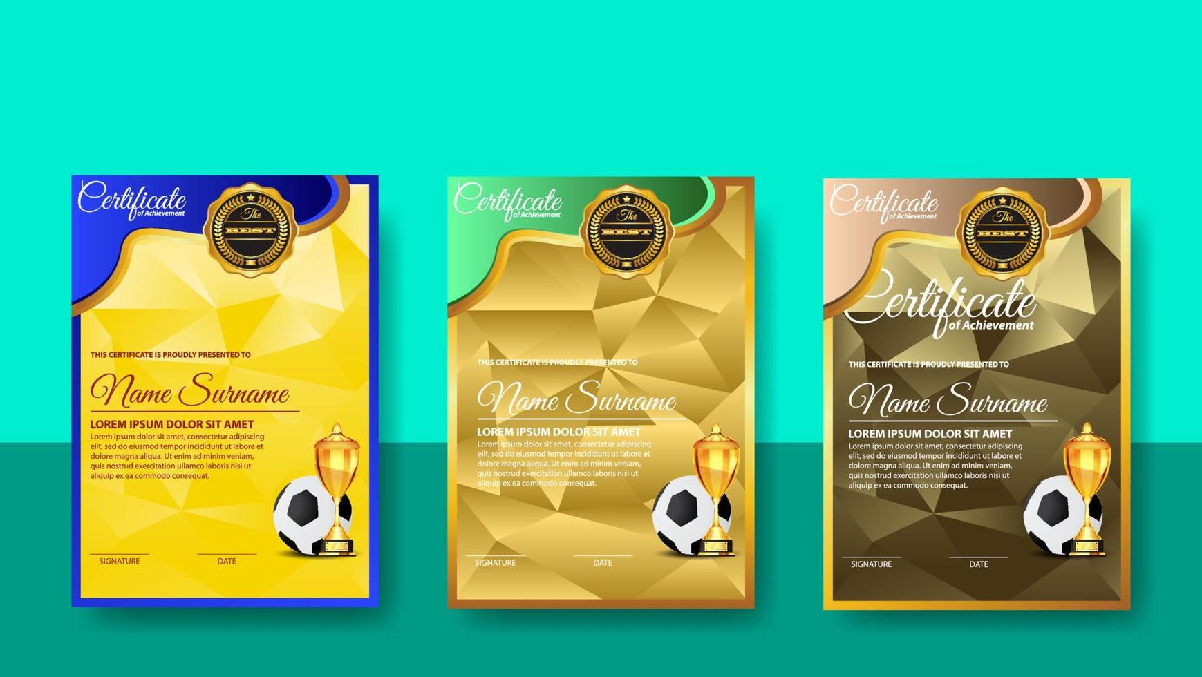 Soccer Game Certificate Diploma With Golden Cup Set Vector. Football. Sport Award Template. Achievement Design vector