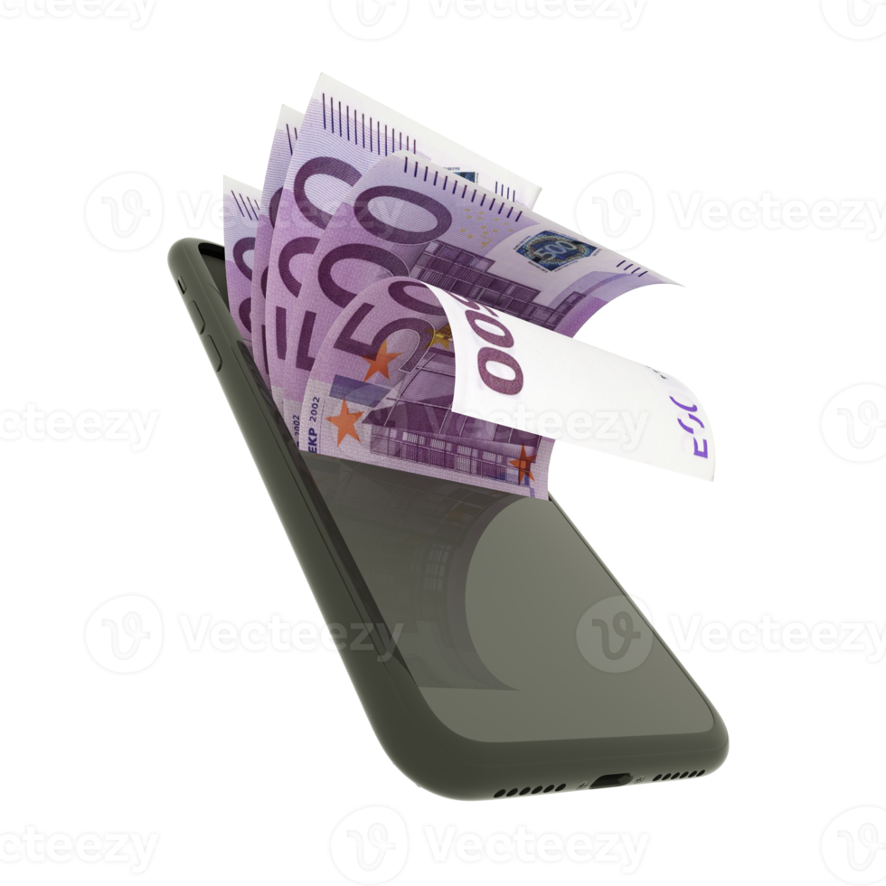 3D rendering of 500 euro notes inside a smart mobile phone isolated on transparent background. png