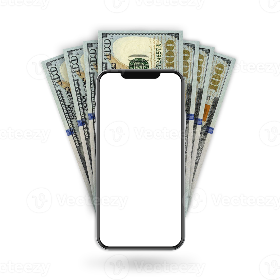 Illustration of US dollar notes behind mobile phone isolated on transparent background png