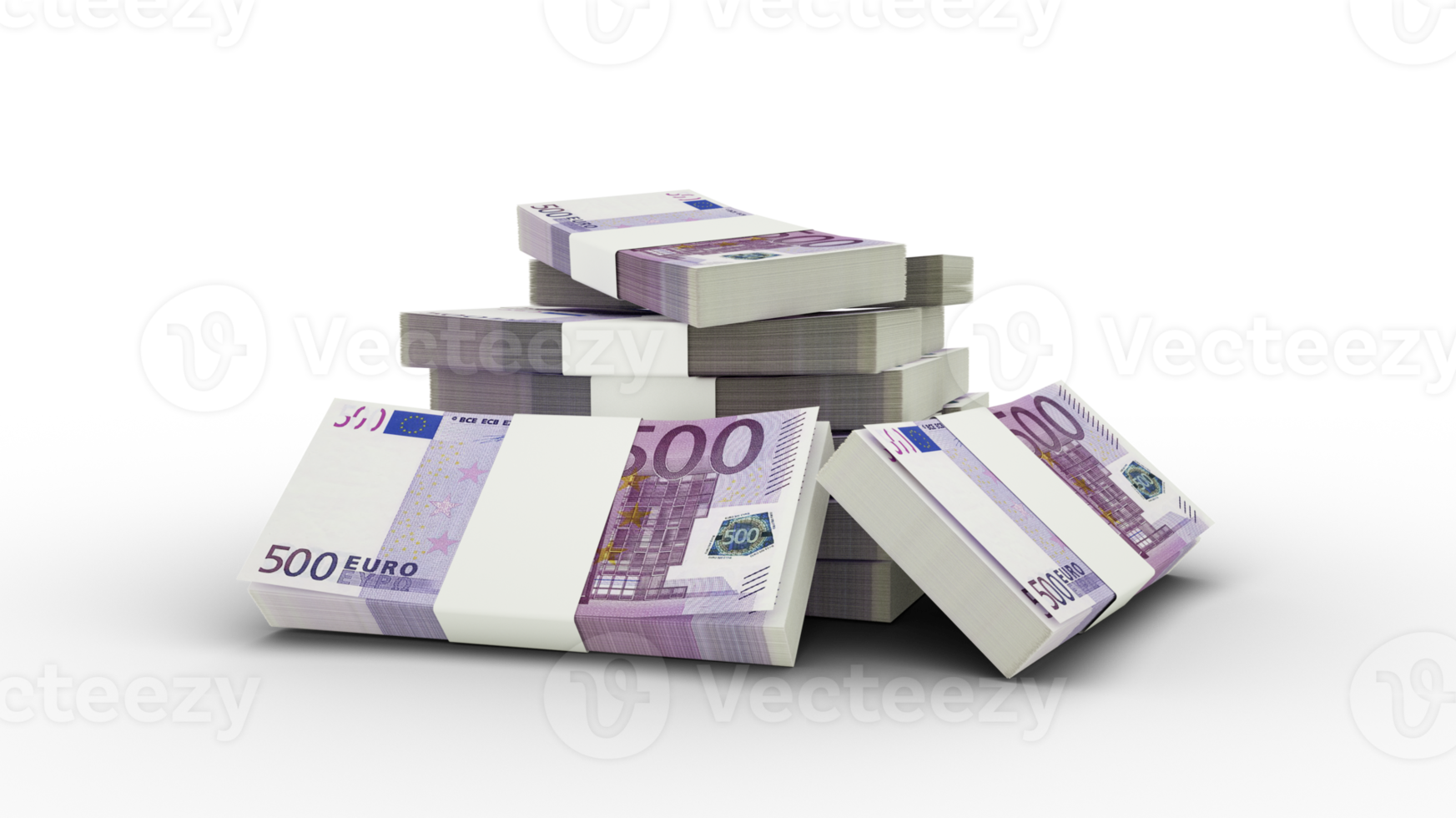 3D Stack of 500 Euro notes isolated on transparent background. European currency png