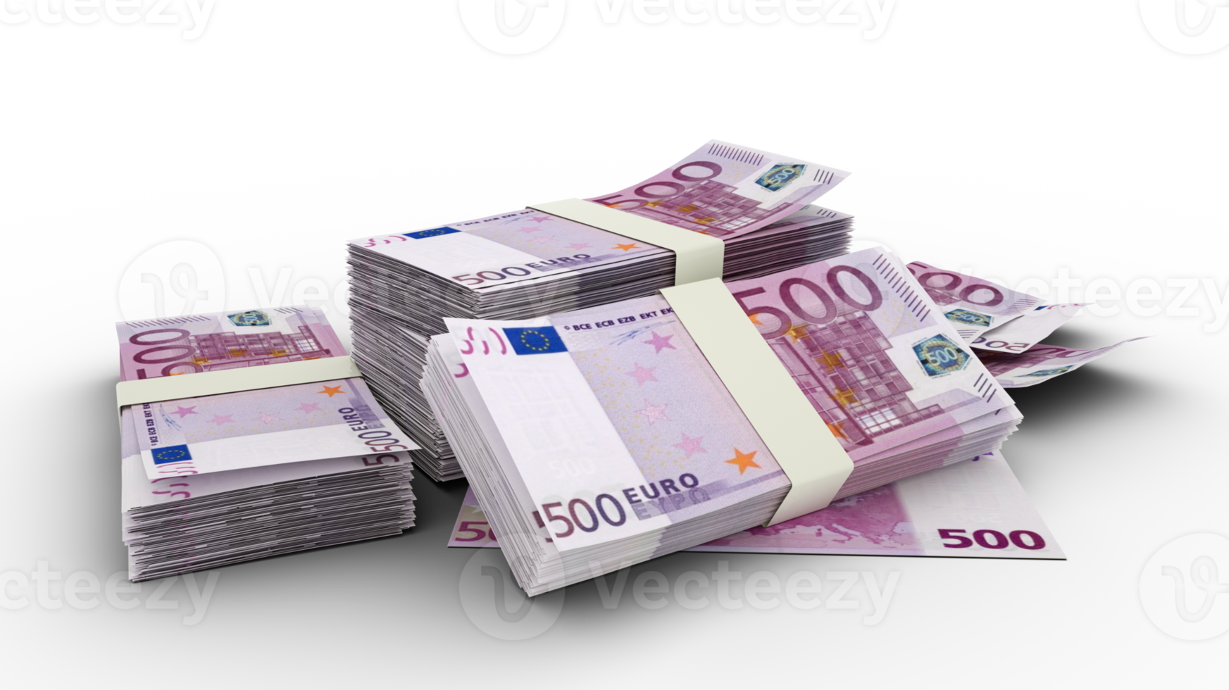 3D Stack of 500 Euro notes isolated on transparent background. European currency png