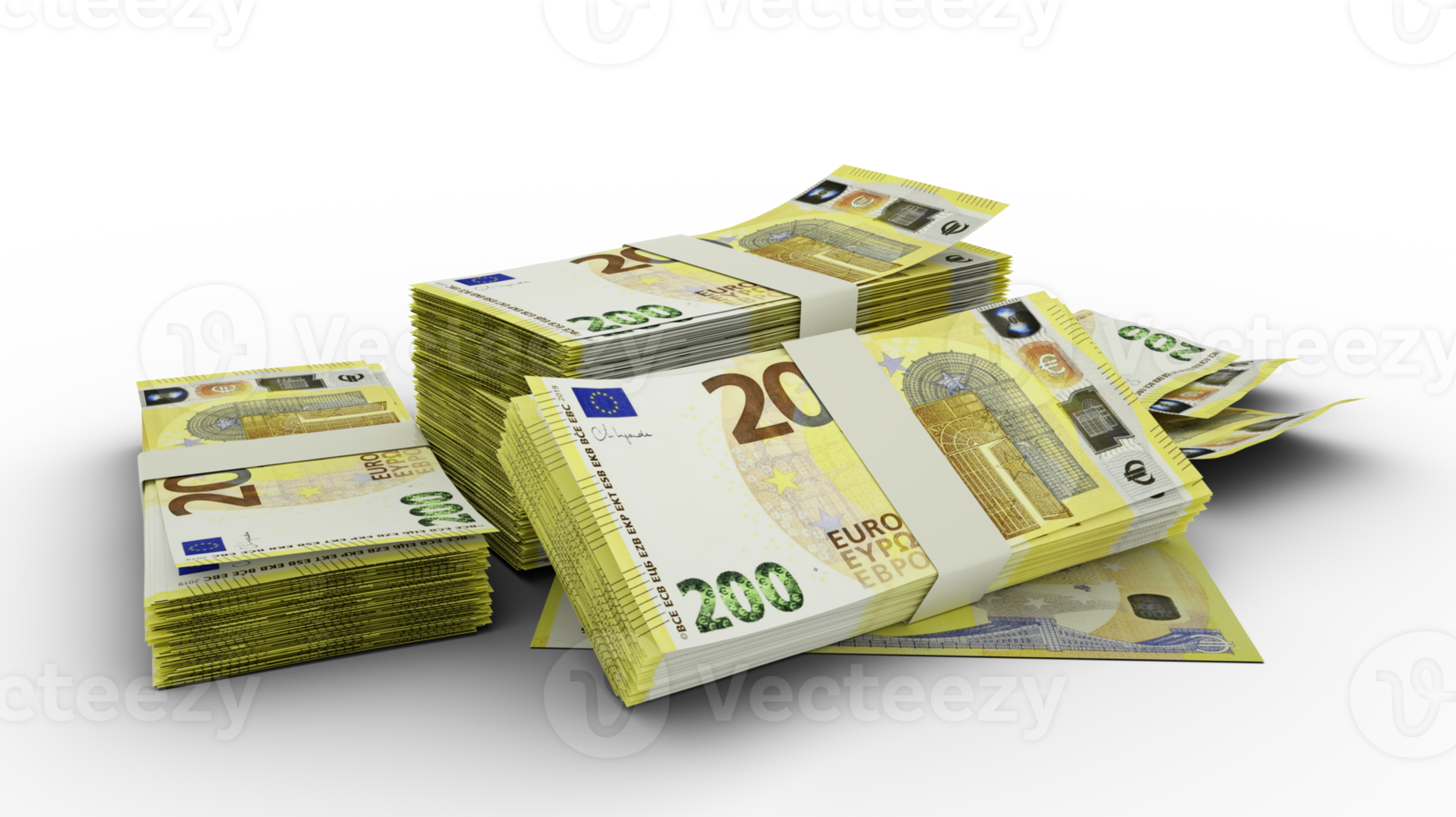 3d rendering of Stack of 200euro notes. bundles of Euro currency notes isolated on transparent background png