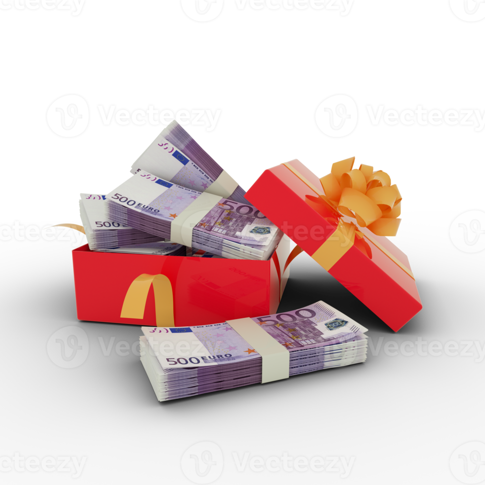 Stack of 500 Euro notes inside an open red gift box. Bundles of Euro inside a gift box. 3d rendering of money inside box isolated on transparent background png