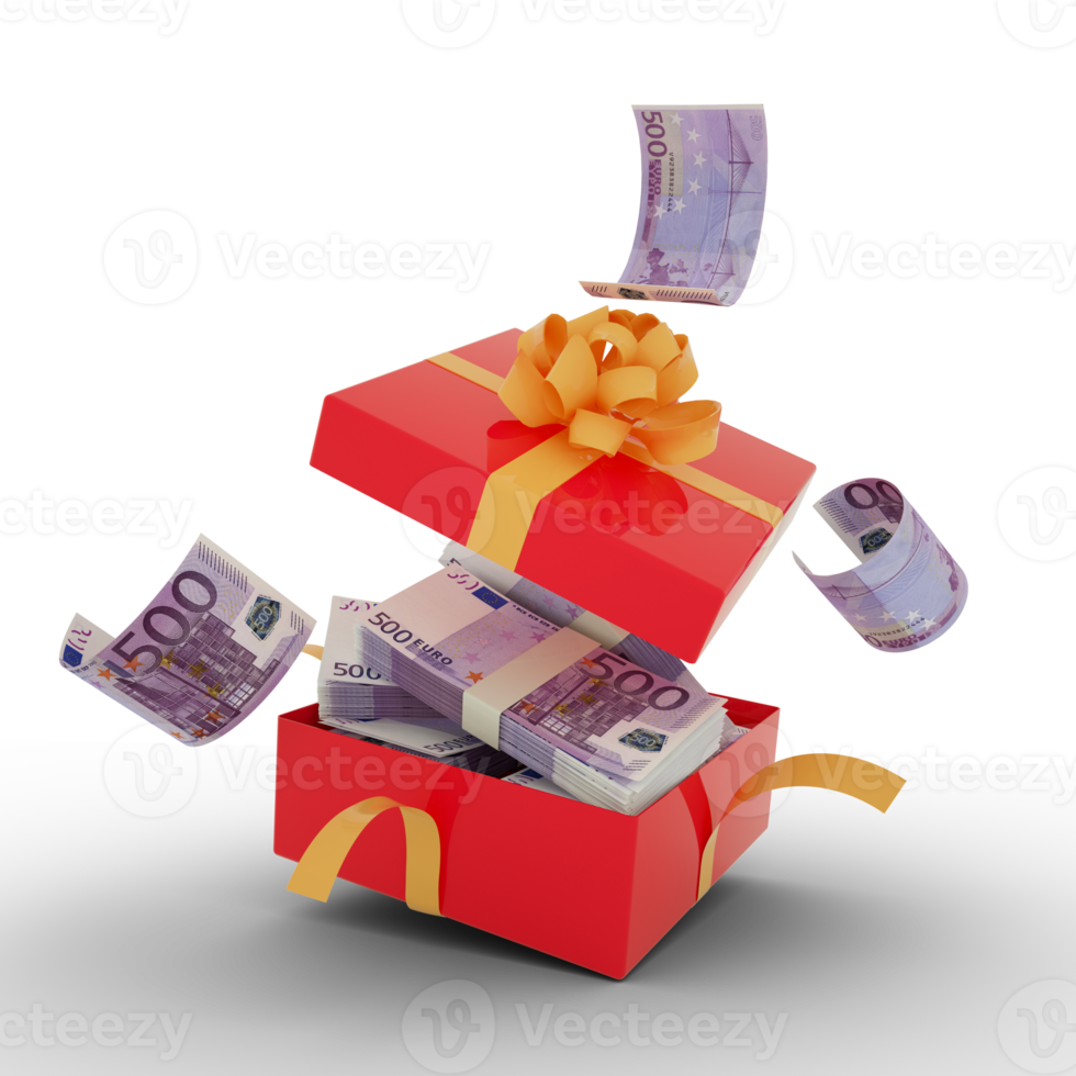 500 Euro notes inside an open red gift box. Euro inside and flying around a gift box. 3d rendering of money inside box isolated on transparent background png