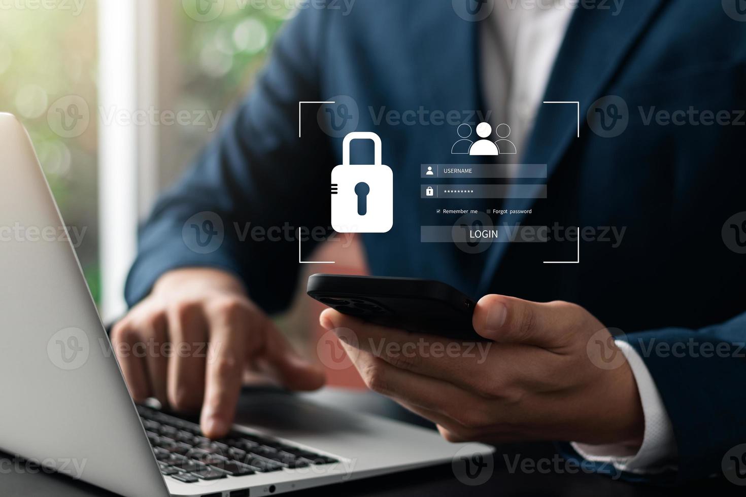 Cybersecurity and privacy concepts to protect data. Lock icon and internet network security technology. Businessmen protecting personal data on laptop and virtual interfaces. photo