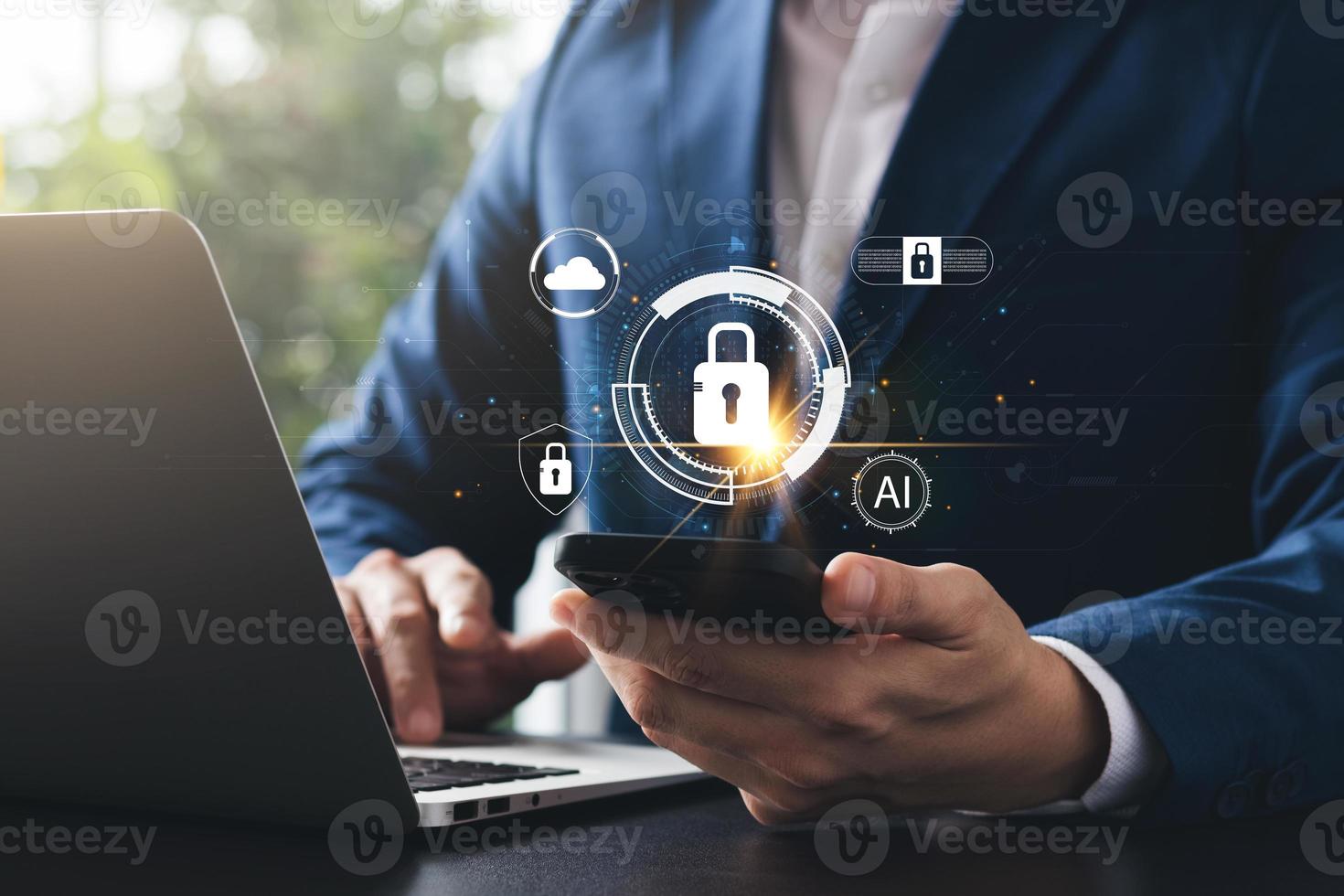 Cybersecurity and privacy concepts to protect data. Lock icon and internet network security technology. Businessmen protecting personal data on laptop and virtual interfaces. photo