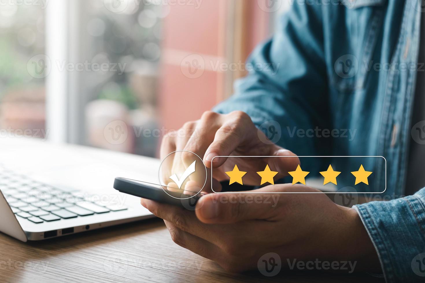 Service quality survey leading to business reputation ratings, smiley pop-up icons and five stars. Product and Service Satisfaction Survey, Customer Satisfaction Score. photo