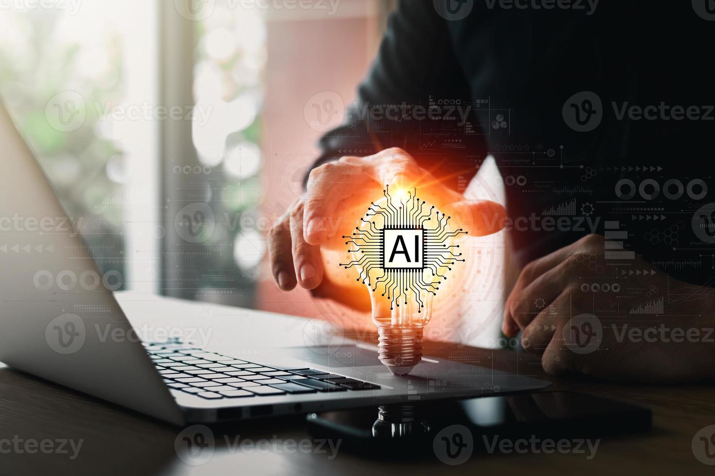 AI and IoT concepts of business, businessman working on a laptop computer for artificial intelligence polygon brain with icons of smart city Internet of Things, AI concept and IoT business. photo