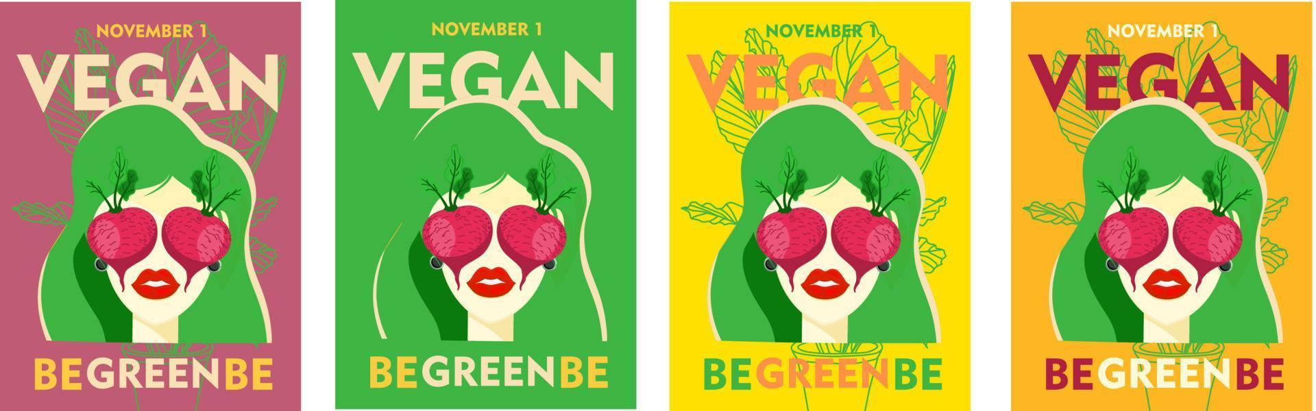 Flat vector illustration of a vegan poster with a cheerful woman for World Vegan Day. World Vegetarian Day for social media post, postcard, banner, greeting card.