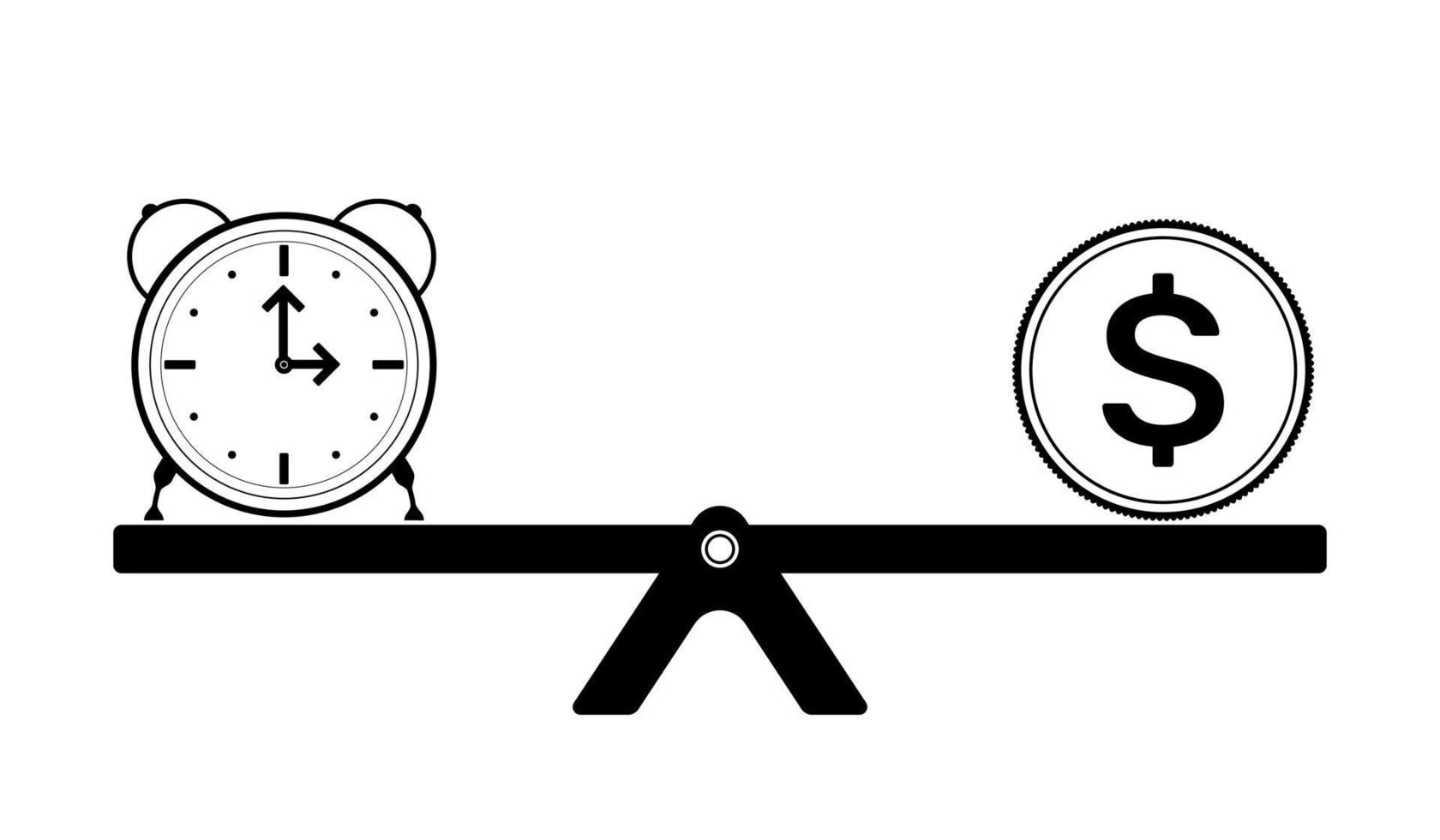 Time and money balance concept. Clock and dollar coin on a Seesaw symbol. Vector illustration