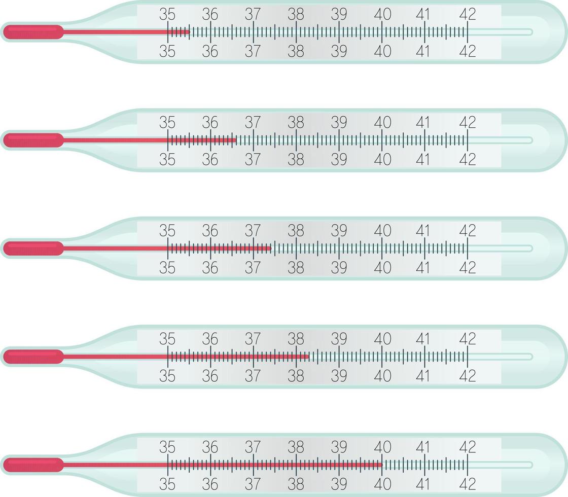 Glass mercury Thermometers with different temperature measurent on celcius scale, 36.6 degrees. Cold diagnostic, covid symptoms, flu fewer concept. Stock vector illustration isolated on white