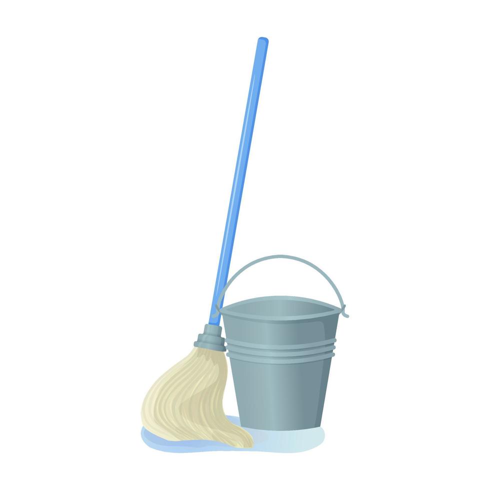 Cartoon swab with bucket stock vector illustration. Mop wipes a puddle. Cleaning services, household concept. Equipment for housework elements isolated on white background