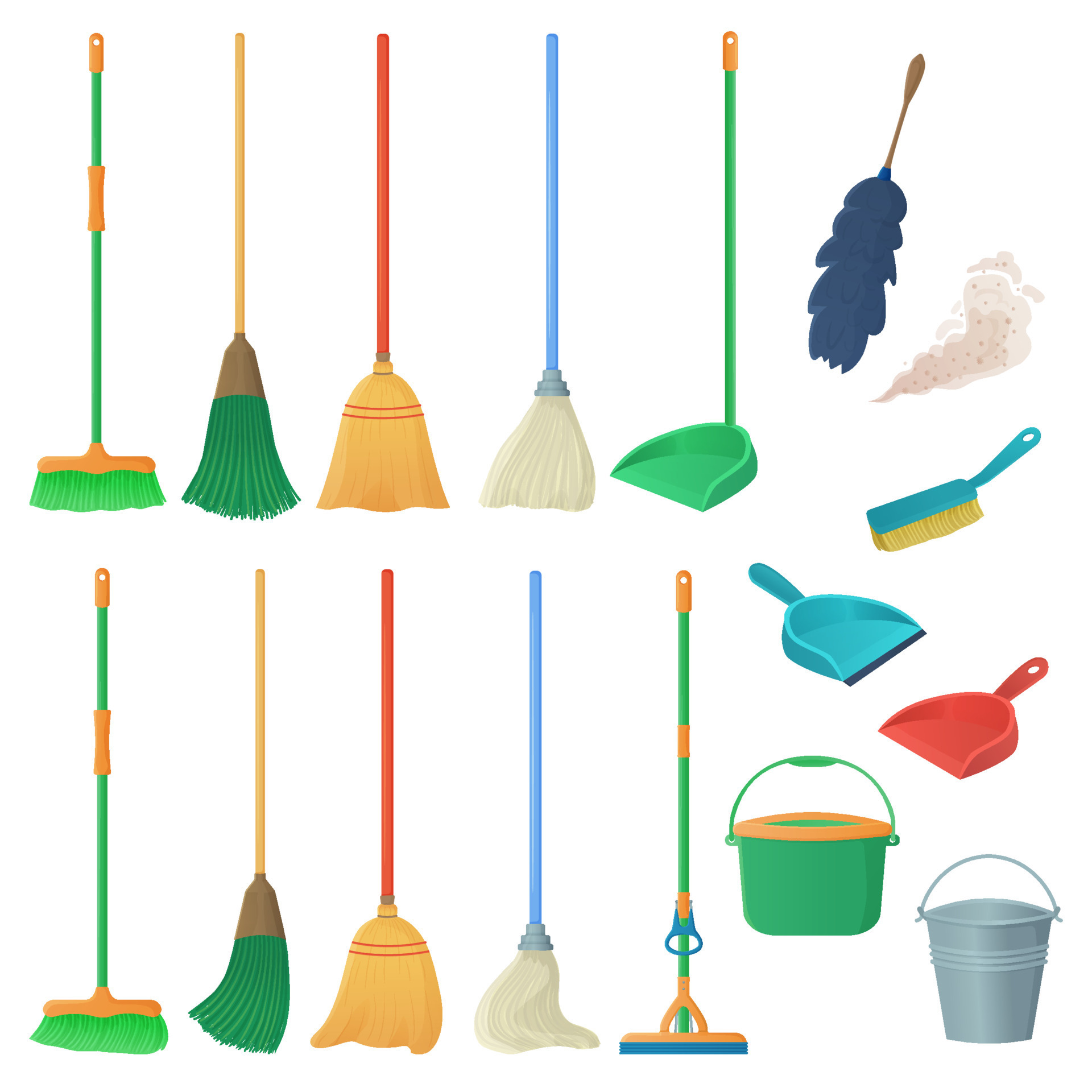 Cartoon household equipment set. A broom sweeps dust and dirt on scoop. mop or swab, feather duster, plastic services, concept. Objects isolated white background. Stock vector 12622068 Vector Art at Vecteezy Cartoon household equipment set. A broom sweeps dust and dirt on scoop. mop or swab, feather duster, plastic services, concept. Objects isolated white background. Stock vector 12622068 Vector Art at Vecteezy