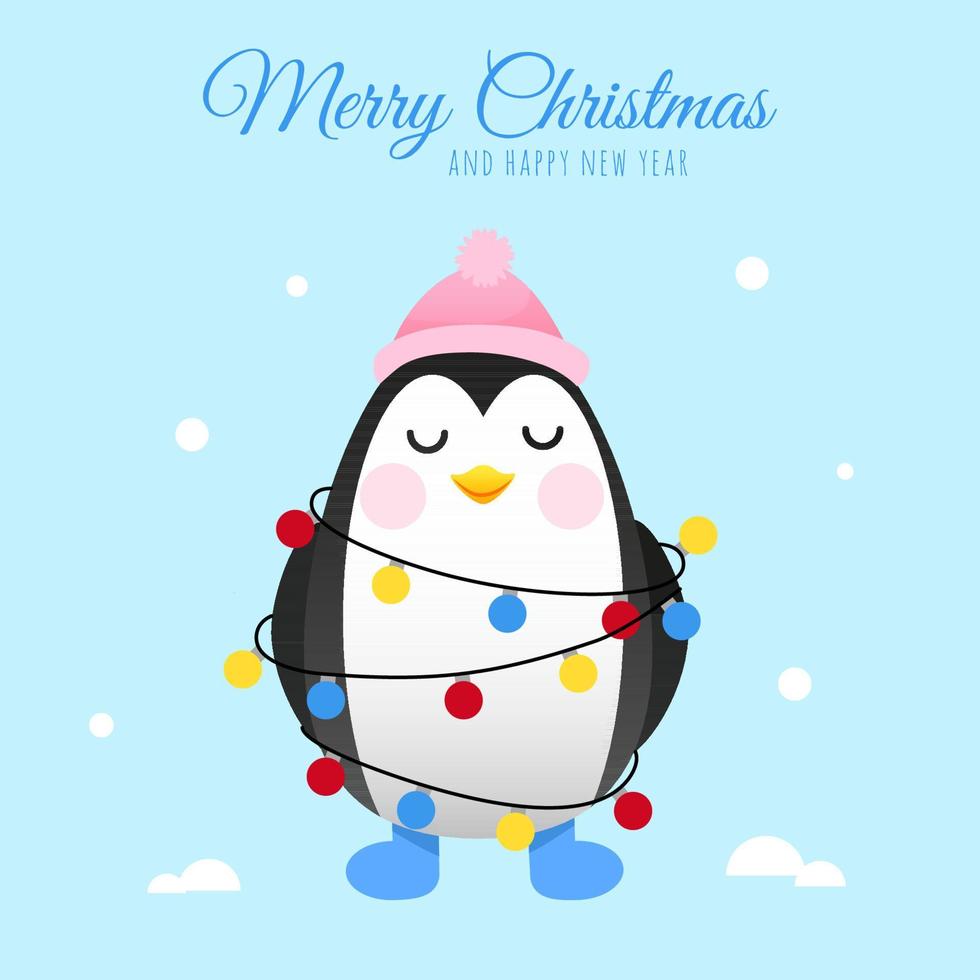 Cute penguin in a pink hat and wrapped in a Christmas garland vector