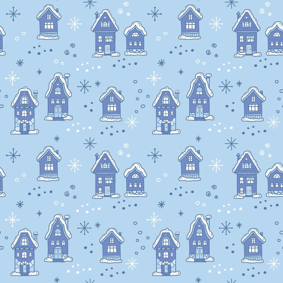 patrón nórdico con casas y copos de nieve. ilustración plana de vector de año nuevo. fondo de invierno.